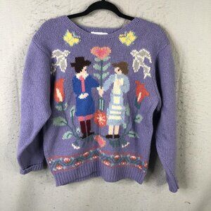 Deans Of Scotland Sweater Women L Wool Folk Art Couple Graphic Knit Love Country